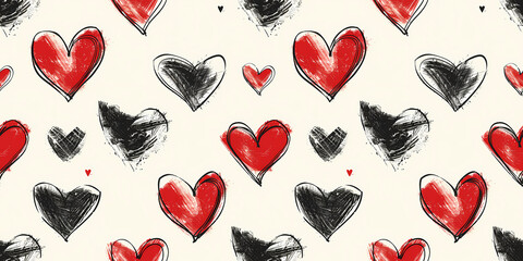 hearts pattern with sketch lines on light background. Hand-drawn illustration style. Design for textile and Valentine's Day cards. Seamless pattern