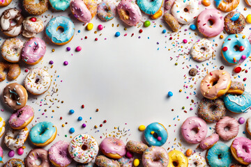 Large white oval is surrounded by plethora of colorful donuts in various sizes and flavors.