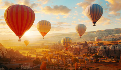 Obraz premium many hot air balloons in the sky at sunset i