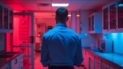 Man overseeing a high-tech laboratory in red lighting.