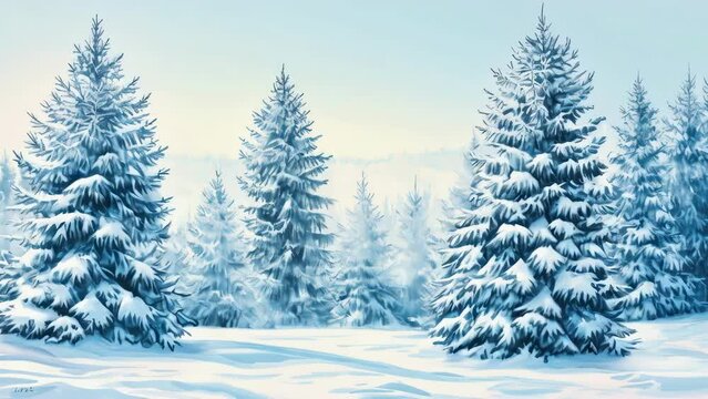 A painting of a snowy forest with pine trees. The trees are covered in snow and the sky is clear. The mood of the painting is peaceful and serene