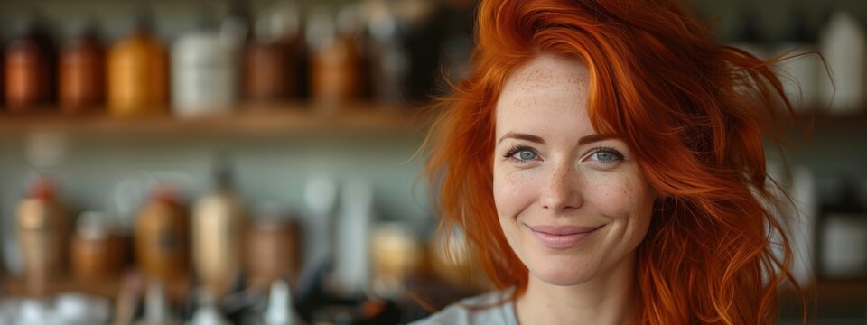 happy woman with red hair work in own store. small business concept. authenticity and uniqueness style. banner