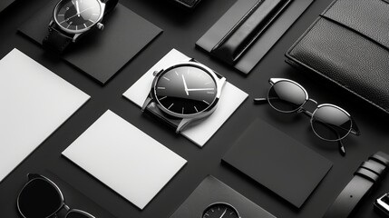 Stylish black and white watch display on a dark background.