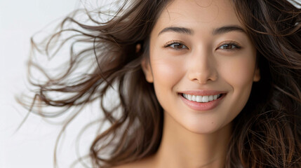 Happy and elegant Korean woman, radiating joy and positivity, isolated on a white backdrop