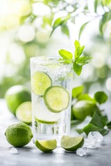 Fototapeta premium A glass of water with lime slices in it