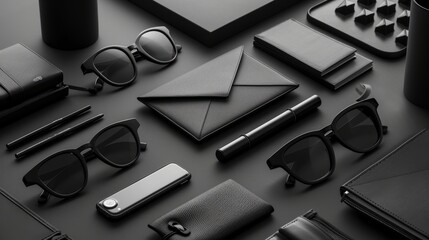 Elegant black fashion accessories on a matte surface.