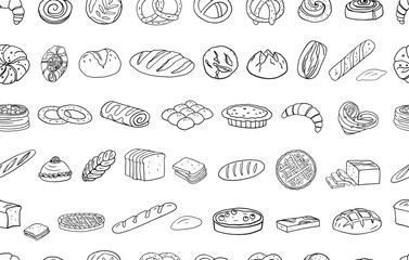 Seamless pattern of bakery products. Roll, bagel, croissant, bread, bun, loaf, white bread, baguette, bun, pretzel, swiss roll, challah, rye and wheat bread. Great for banners, menu design. Doodle
