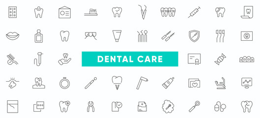 Dental care line icon set. Dentistry, medical, implant, braces, dentist, toothache, aligners, veneers, tooth outline icons collection. Thin outline icons pack.