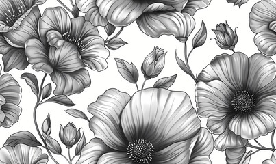 Floral pattern with  flowers and leaves on light background. Hand-drawn illustration style. Design for textile and wallpaper. Seamless pattern