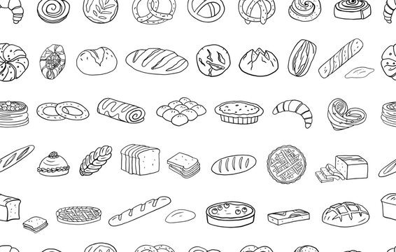 Seamless pattern of bakery products. Roll, bagel, croissant, bread, bun, loaf, white bread, baguette, bun, pretzel, swiss roll, challah, rye and wheat bread. Great for banners, menu design. Doodle