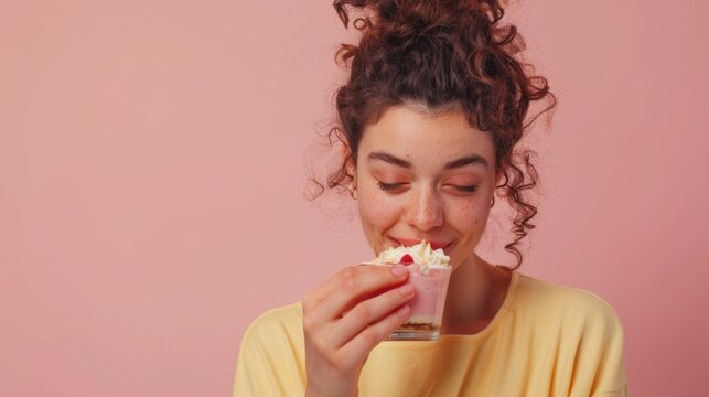 Young female curly hair, eating triffle dessert pink solid background