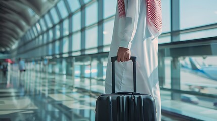 Side View of Arabian Man Holding Black Travel Suitcase at The Airport : Suitable for Be Used in Blog Posts, Social Media Posts or Website Content Related to Travel.