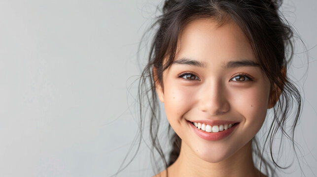Happy and elegant Korean woman, radiating joy and positivity, isolated on a white backdrop