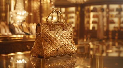 Elegant golden luxury handbag in upscale boutique