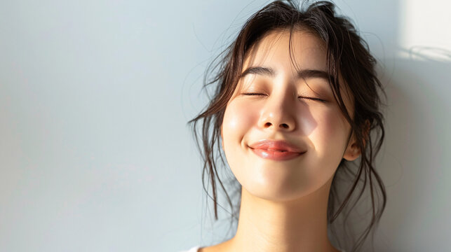 Happy and elegant Korean woman, radiating joy and positivity, isolated on a white backdrop
