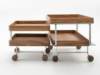Trolleys with Clean and Simple Design in Brushed Stainless Steel and Maple or Walnut, Minimalist Style on White Background