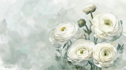 painting watercolor flower background illustration floral nature. White ranunculus flower background for greeting cards weddings or birthdays. Copy space. 