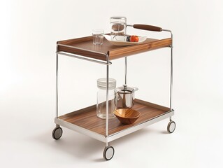 Trolleys with Clean and Simple Design in Brushed Stainless Steel and Maple or Walnut, Minimalist Style on White Background