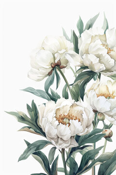 painting watercolor flower background illustration floral nature. White peons flower background for greeting cards weddings or birthdays. Copy space. 