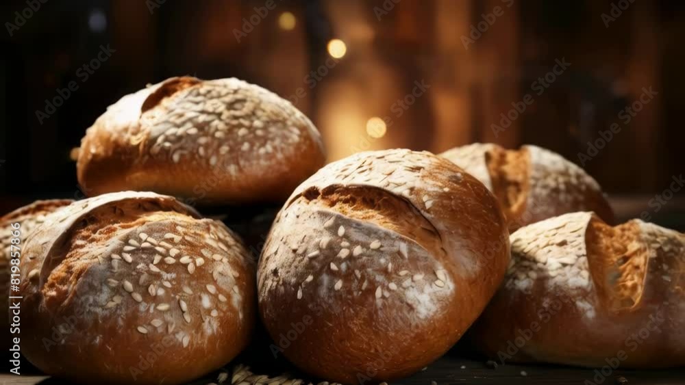 Poster a stack of bread with sesame seeds on top. the bread is brown and has a slightly crunchy texture. th
