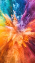 Abstract patterns of colorful powder exploding into the air, forming a kaleidoscope of hues against a backdrop of radiant sunshine. 