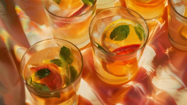 A table with a few glasses of drinks with fruit in them. The drinks are in a row and the glasses are all different sizes