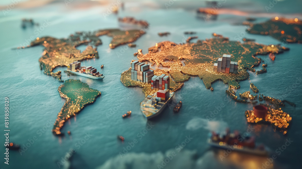 Poster island for shipping containers port, world map with logistic global network distribution. cargo frei