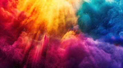 Fototapeta premium Abstract patterns of colorful powder swirling through the air, illuminated by beams of radiant sunlight in the background. 