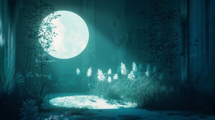 Serene moonlit forest scene with glowing flowers