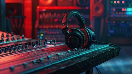 Headphones on an audio mixing console, in the background is a sound studio with speakers and...