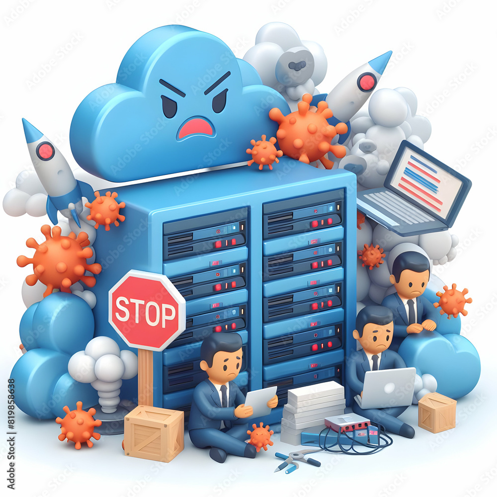 Poster 3d flat icon: ddos attack overwhelming server illustrating impact of cyber threats importance of net