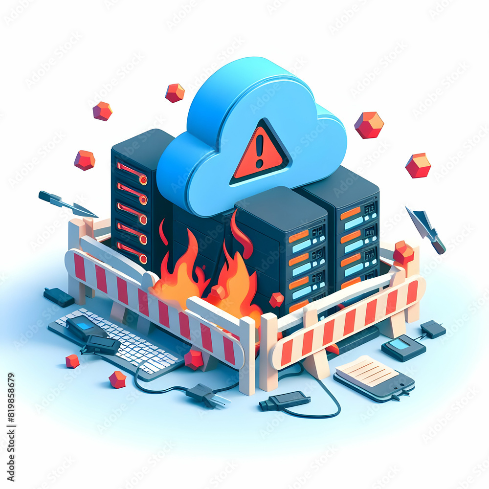 Poster 3d flat icon: ddos attack overwhelming server concept highlighting impact of attacks and need for ne