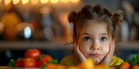 Capturing a Child's Fear of Vegetables During Mealtime in a Modern Kitchen Setting. Concept Child's Fear, Vegetables, Mealtime, Modern Kitchen, Candid Moments