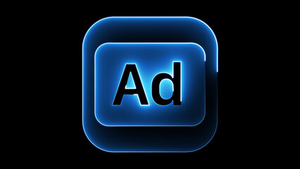 Glowing blue Ad icon on black background