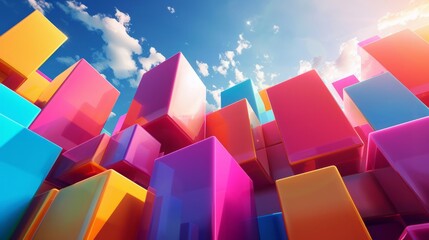 Vibrant 3D blocks under a bright blue sky