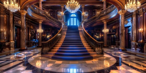 Luxurious Grand Opera House Foyer Featuring Marble Columns, Sweeping Staircases, and Crystal Chandeliers. Concept Grand Opera House, Marble Columns, Sweeping Staircases, Crystal Chandeliers