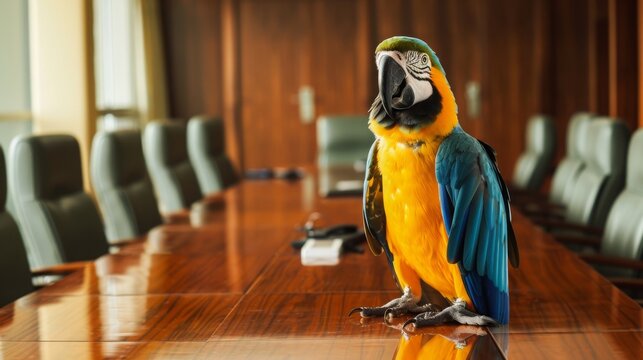A parrot in a suit perched on a conference table