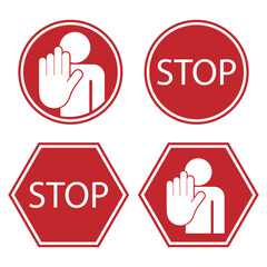 Bundle set circle and hexagon sign do not enter, prohibition with stop palm hand gesture in red isolated label