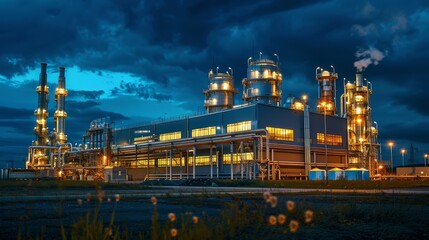 Twilight industrial landscape with blue lighting
