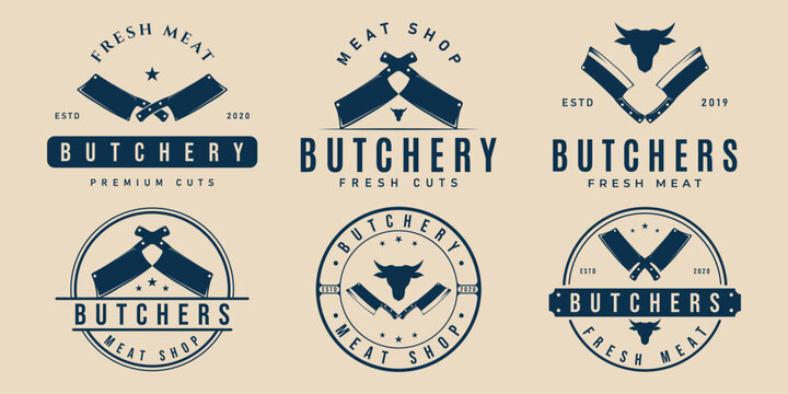set of butcher knife logo vintage, butchery meat shop vector illustration design template