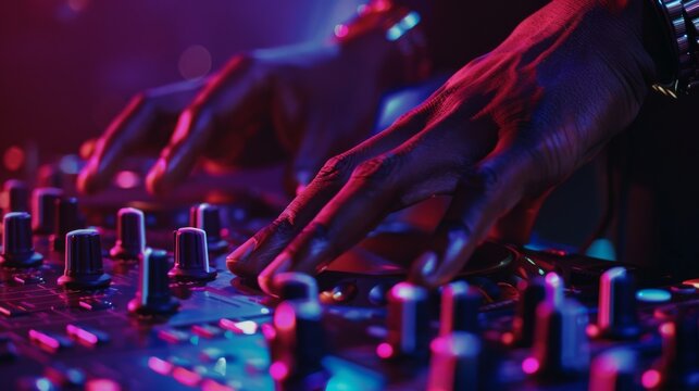 Music mixing board. DJ. Close-up of recording. Background audio track in dark recording Aesthetics of industrial machinery, multimedia, bright colors