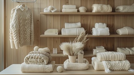 Cozy knitwear collection displayed on wooden shelves