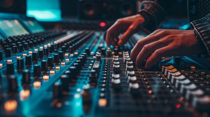 Obraz premium Music mixing board. DJ. Close-up of recording. Background audio track in dark recording Aesthetics of industrial machinery, multimedia, bright colors