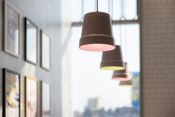 A row of potted lights hang from the ceiling, with one of them being pink