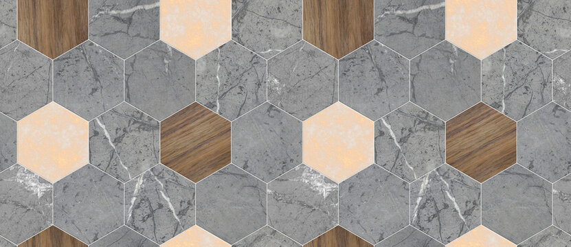 Wallpaper of hexagon tiles of solid marble with white seams. High quality seamless realistic texture.