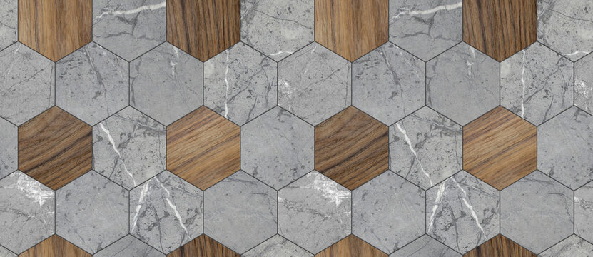Wallpaper of hexagon tiles of solid marble with white seams. High quality seamless realistic texture.