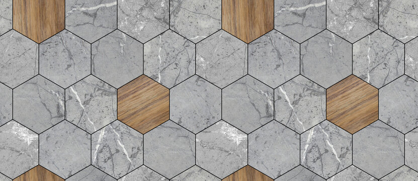 Wallpaper of hexagon tiles of solid marble with white seams. High quality seamless realistic texture.