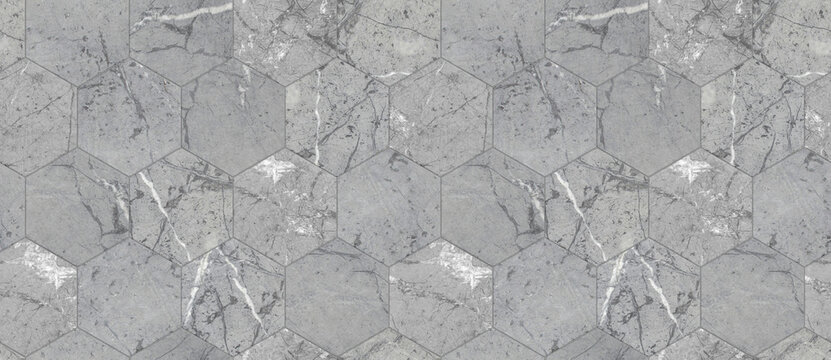 Wallpaper of hexagon tiles of solid marble with white seams. High quality seamless realistic texture.