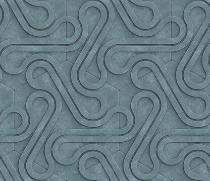 3D gray metal wall with three dimensional ribbon shapes connected by silver hinges located above the hexagons. High quality seamless realistic texture.