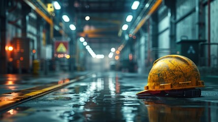 Gritty industrial interior with a wet floor and hardhat